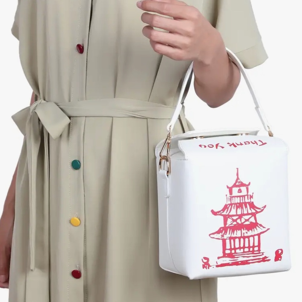 White and Red Pagoda Print Handbag